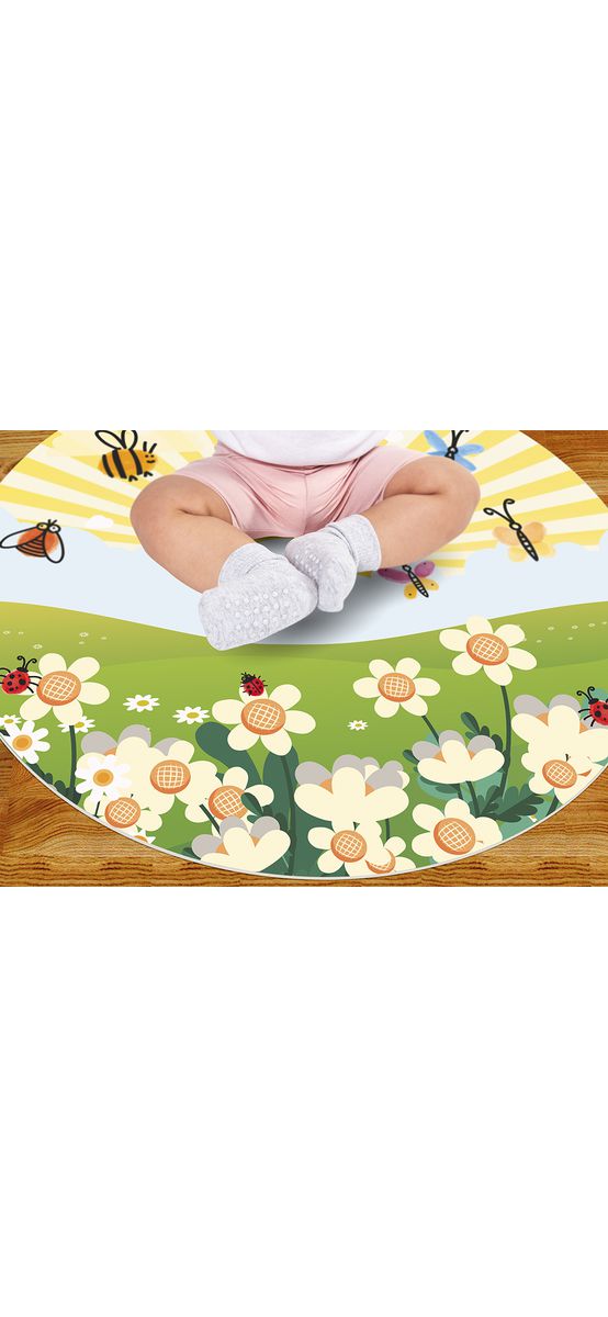 Covor antiderapant pentru copii, model cu albinuțe și fluturi, linoleum antiderapant, rotund