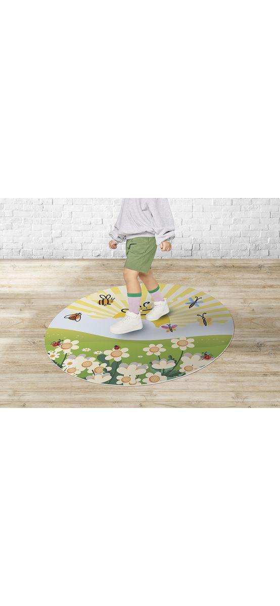 Covor antiderapant pentru copii, model cu albinuțe și fluturi, linoleum antiderapant, rotund