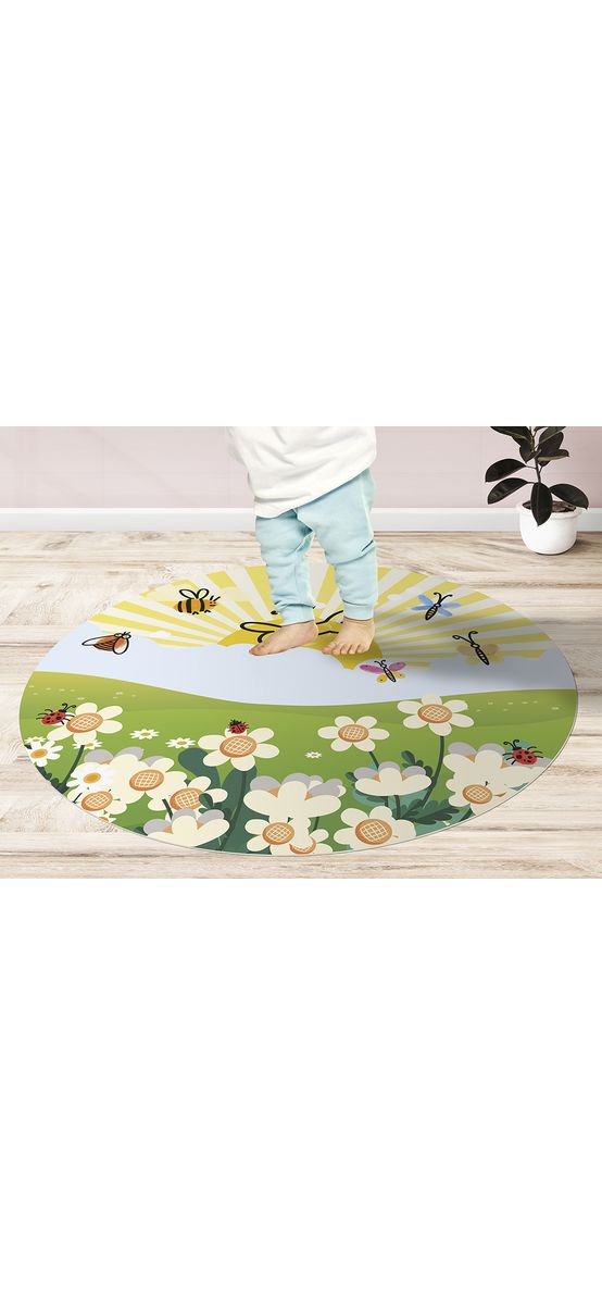 Covor antiderapant pentru copii, model cu albinuțe și fluturi, linoleum antiderapant, rotund