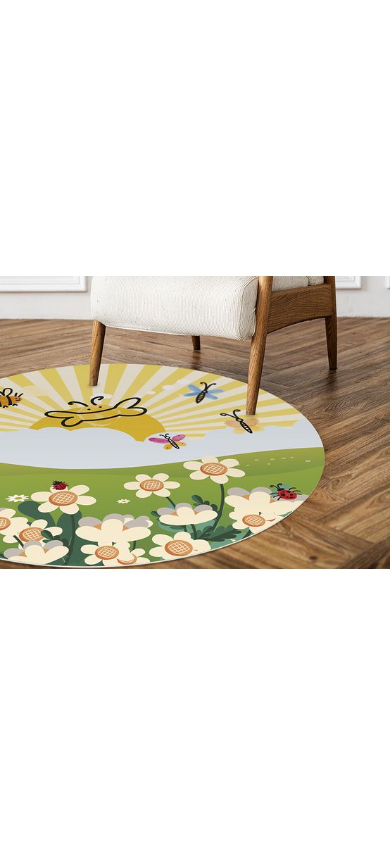 Covor antiderapant pentru copii, model cu albinuțe și fluturi, linoleum antiderapant, rotund
