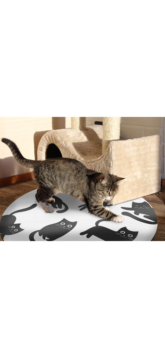 Covor antiderapant pentru animale de companie, model pisici negre, linoleum antiderapant, rotund
