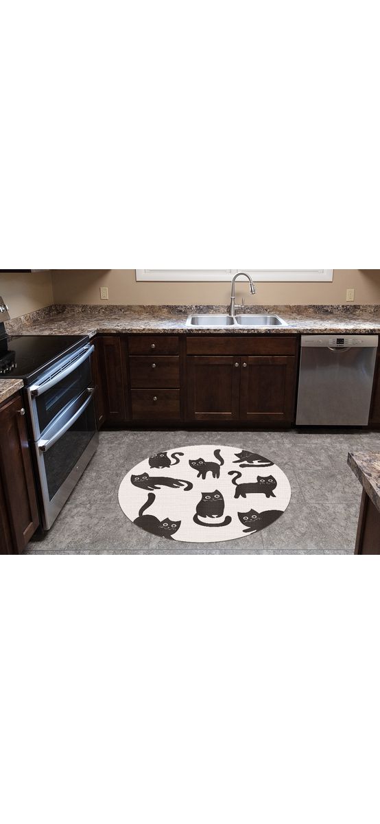 Covor antiderapant pentru animale de companie, model pisici negre, linoleum antiderapant, rotund