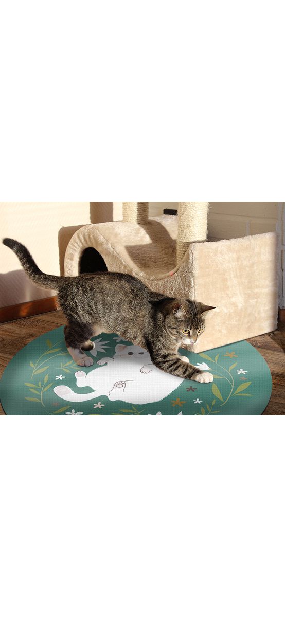 Covor antiderapant pentru animale de companie, model pisică jucăușă, linoleum antiderapant, rotund