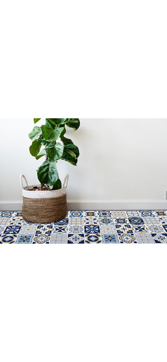 Covor antiderapant pentru bucătărie, din pvc, model Blue Tiles, linoleum antiderapant la rolă de 60x400 cm