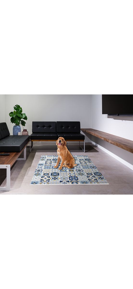 Covor antiderapant pentru bucătărie, din pvc, model Blue Tiles, linoleum antiderapant la rolă de 60x400 cm
