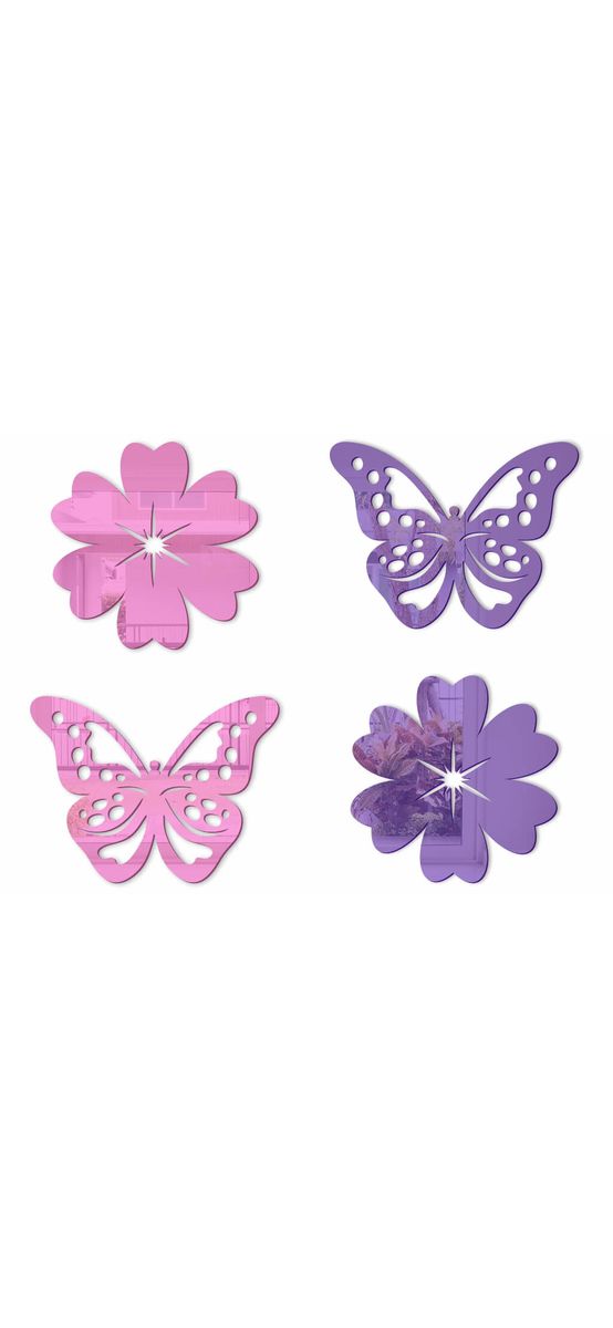 Set 4 stickere Clara, flori şi fluturi din oglindă acrilică roz şi mov