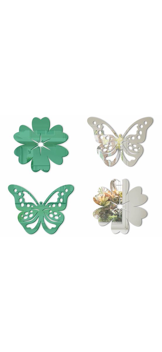 Set 4 stickere Clara, flori şi fluturi din oglindă acrilică argintie şi verde