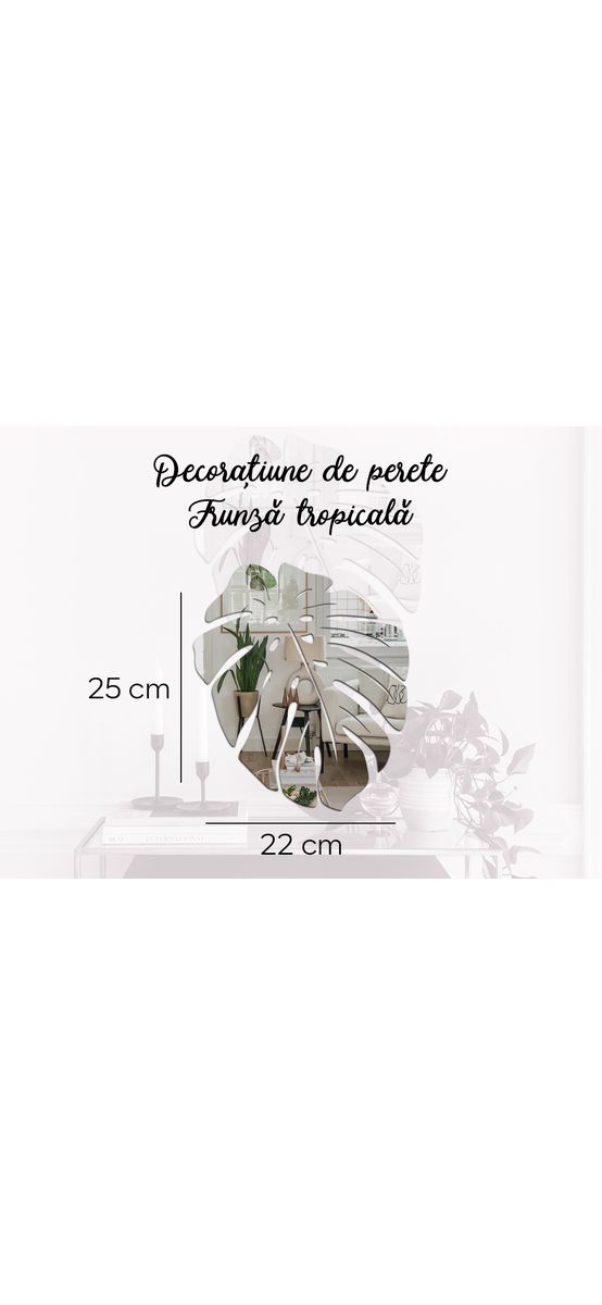 Decorațiune de perete Frunză tropicală din oglindă acrilică argintie, 25x22 cm