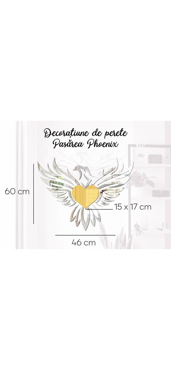 Decoraţiune de perete pasărea Phoenix, din oglindă acrilică aurie și argintie, 46x60 cm