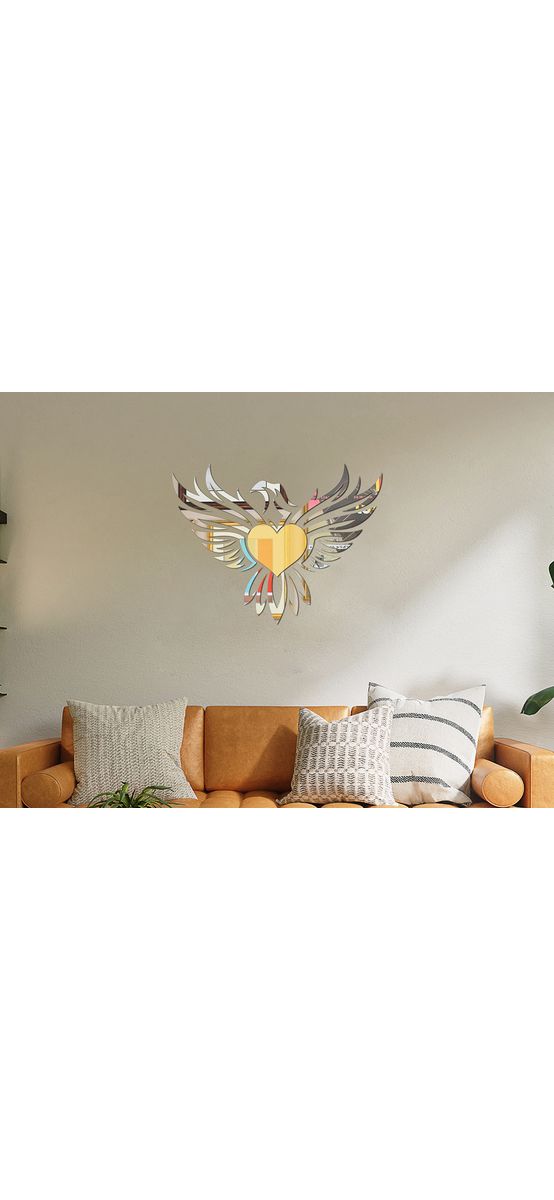 Decoraţiune de perete pasărea Phoenix, din oglindă acrilică aurie și argintie, 46x60 cm