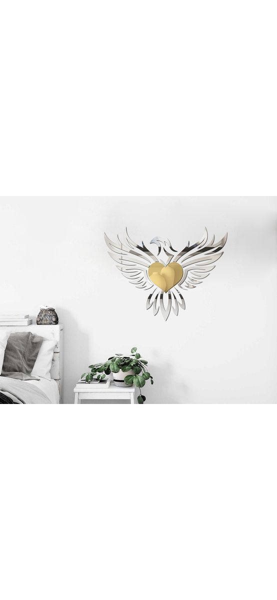 Decoraţiune de perete pasărea Phoenix, din oglindă acrilică aurie și argintie, 46x60 cm