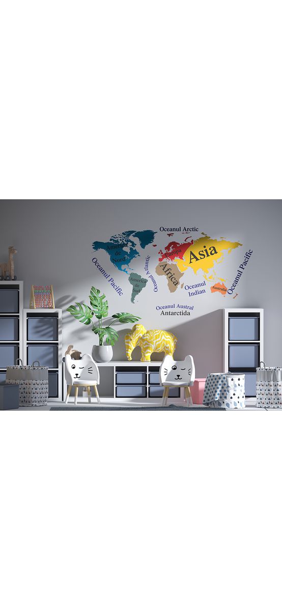 Sticker Harta lumii, Folina, continente şi oceane, multicolor, planșă mare de 120x220 cm, racletă de aplicare inclusă