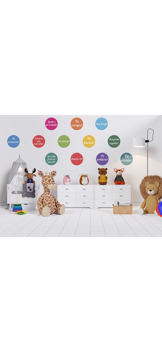 Sticker Regulile clasei, Folina, multicolor, set 12 buline mari cu mesaje, planșă mare de 100x125 cm , racletă de aplicare inclusă