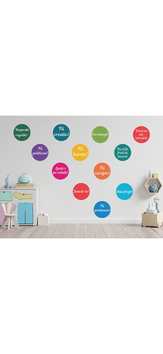 Sticker Regulile clasei, Folina, multicolor, set 12 buline mari cu mesaje, planșă mare de 100x125 cm , racletă de aplicare inclusă