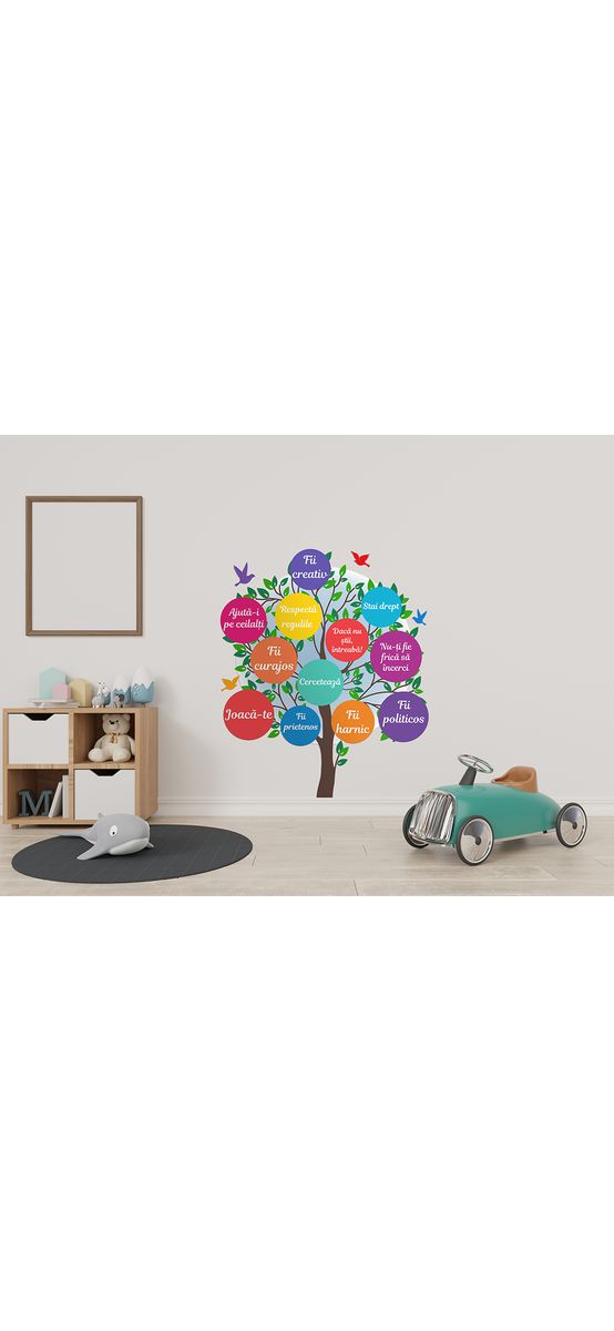 Sticker Copacul cu regulile clasei, Folina, multicolor, 145 cm înălţime, planșă mare de 120x145 cm, racletă de aplicare inclusă