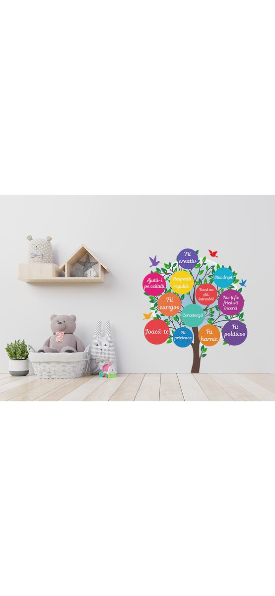 Sticker Copacul cu regulile clasei, Folina, multicolor, 145 cm înălţime, planșă mare de 120x145 cm, racletă de aplicare inclusă