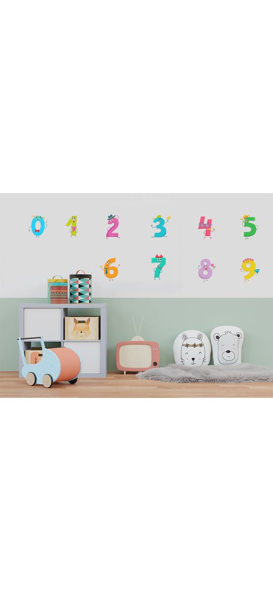 Sticker decorativ Numerele vesele, Folina, decoraţiune colorată pentru grădiniţă, planșă mare de 65x100 cm , racletă de aplicare inclusă
