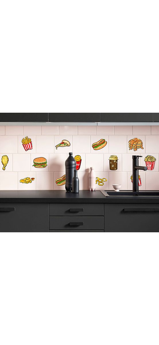 Set 11 stickere faianţă bucătărie, Folina, model Fast food, multicolor