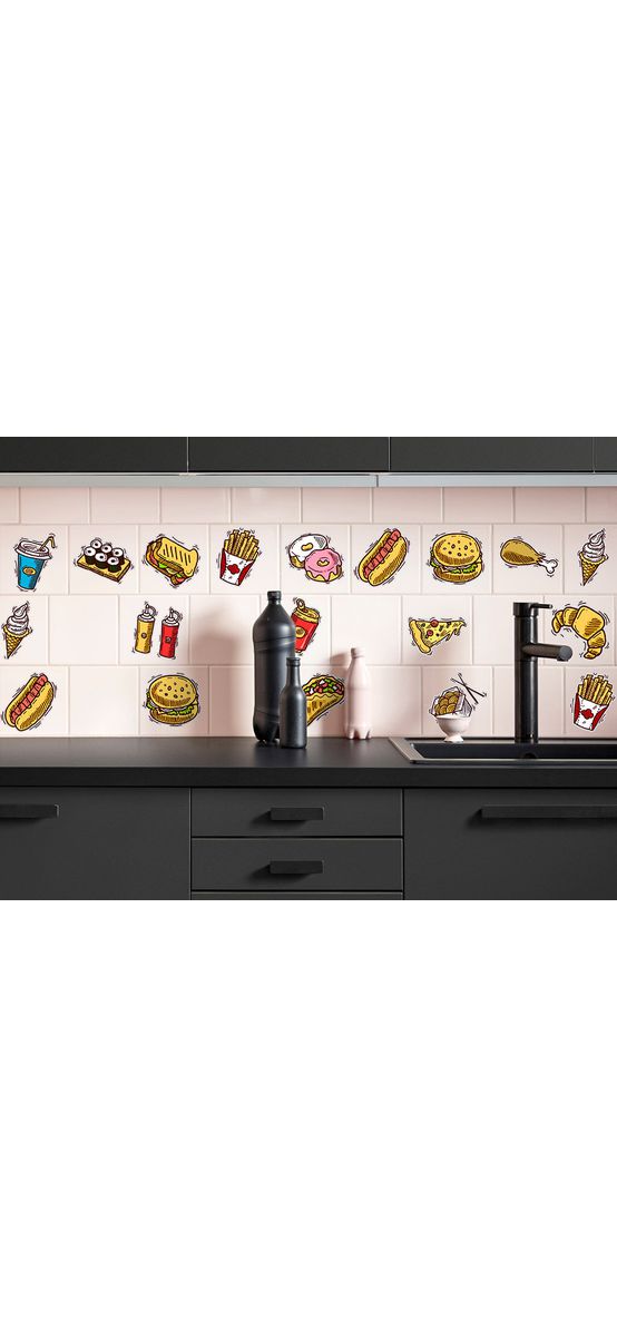 Set 15 stickere faianţă bucătărie, Folina, model Fast food, multicolor