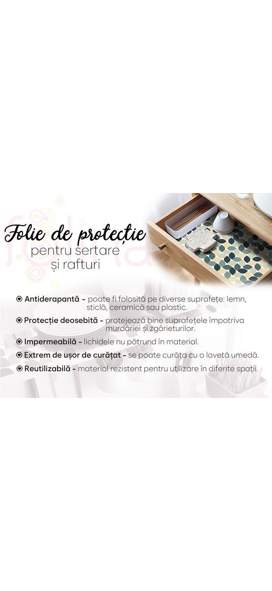 Folie protecţie sertare, model frunze, din PVC antiderapant cu grosime de 1,5 mm, material impermeabil, rolă de 50x155 cm