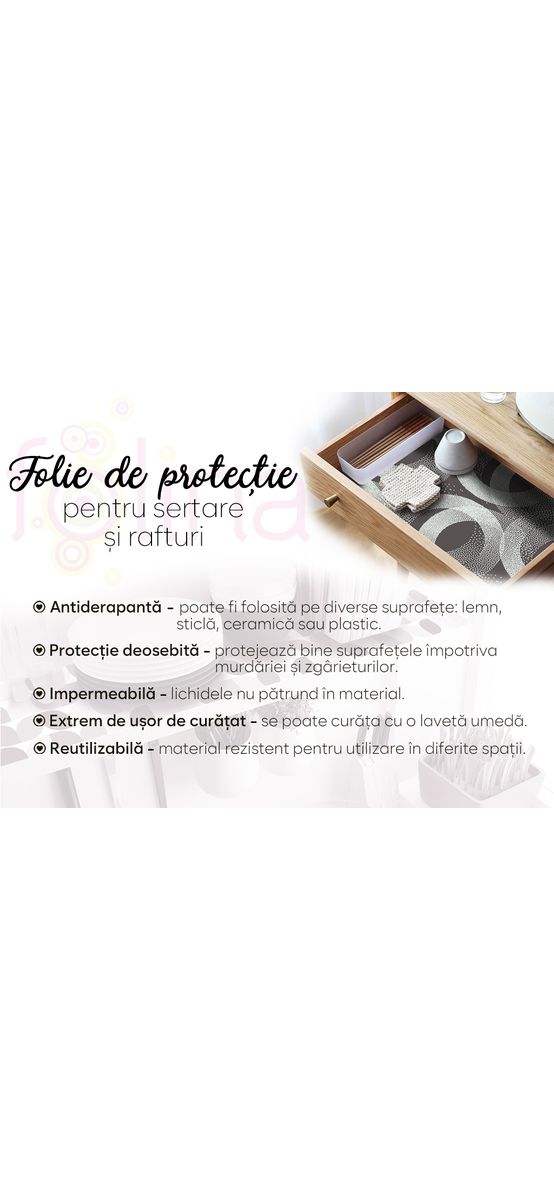 Folie protecţie sertare, model semicercuri, din PVC antiderapant cu grosime de 1,5 mm, material impermeabil, rolă de 50x155 cm