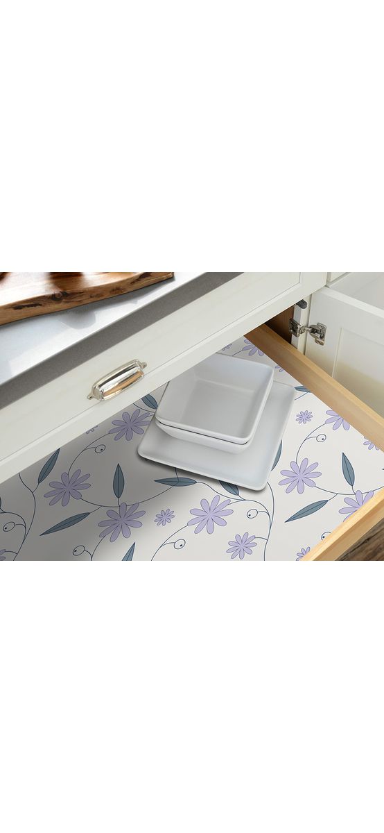 Folie protecţie sertare, model flori mov, din PVC antiderapant cu grosime de 1,5 mm, material impermeabil, rolă de 50x155 cm