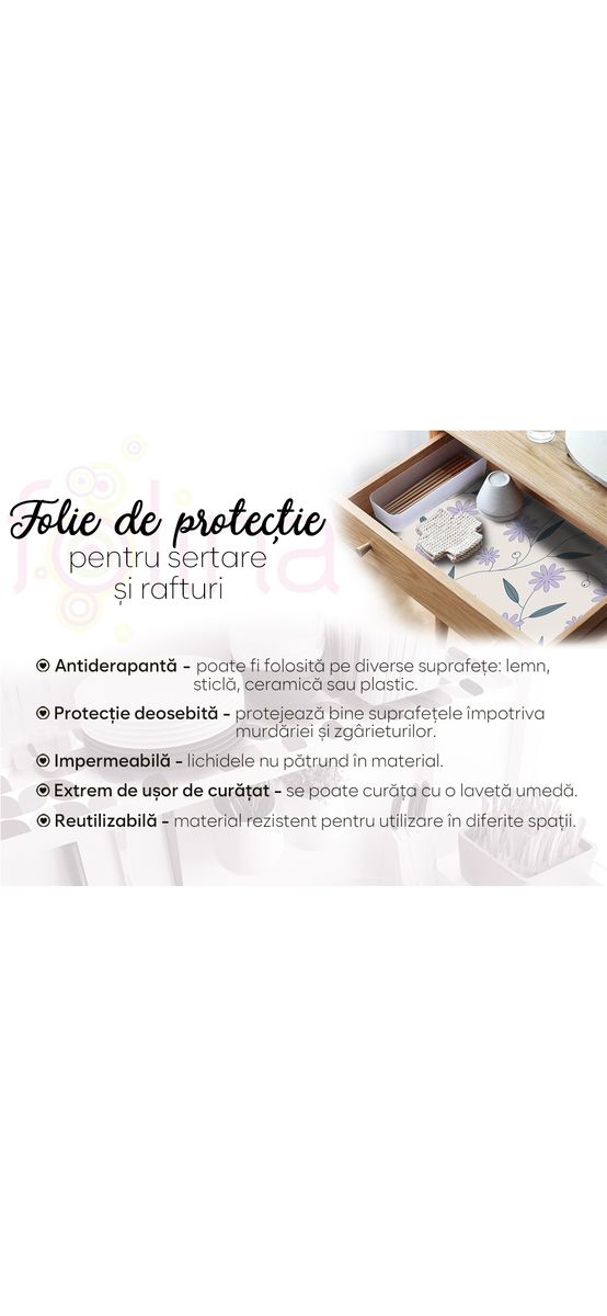 Folie protecţie sertare, model flori mov, din PVC antiderapant cu grosime de 1,5 mm, material impermeabil, rolă de 50x155 cm
