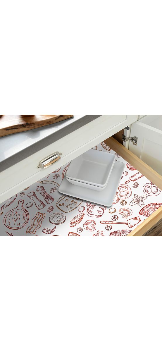 Folie protecţie sertare, model pizza, din PVC antiderapant cu grosime de 1,5 mm, material impermeabil, rolă de 50x155 cm