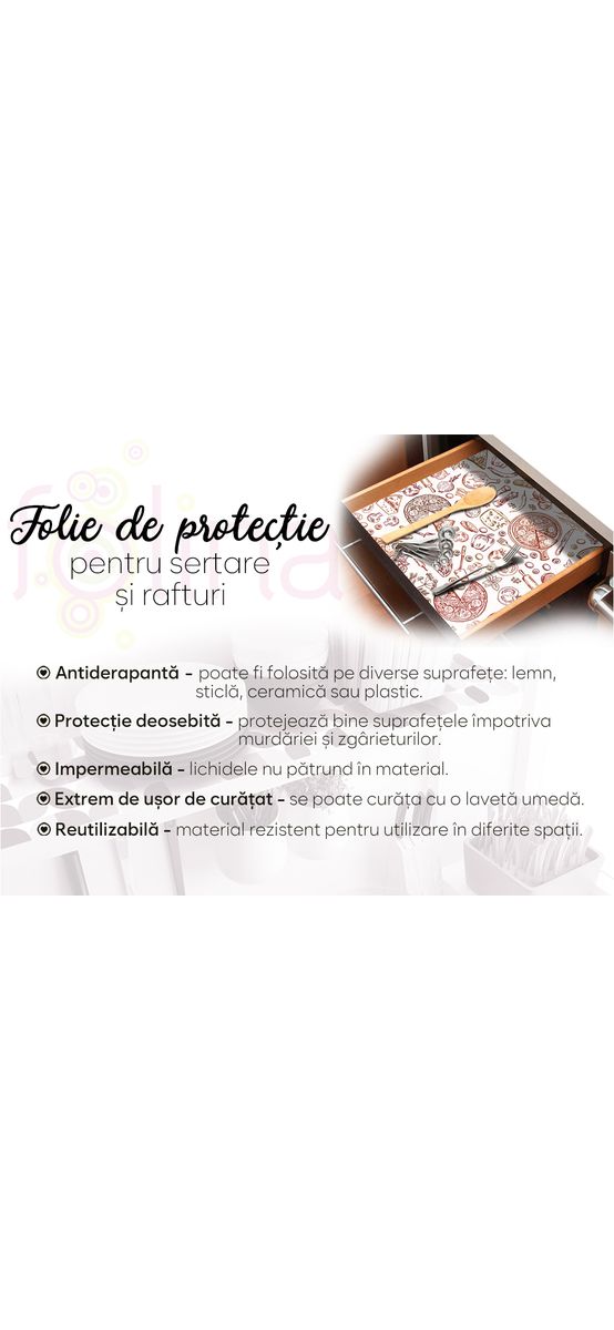 Folie protecţie sertare, model pizza, din PVC antiderapant cu grosime de 1,5 mm, material impermeabil, rolă de 50x155 cm