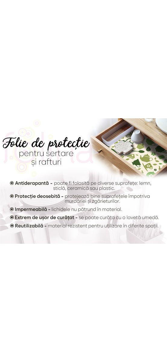 Folie protecţie sertare, model ceai verde, din PVC antiderapant cu grosime de 1,5 mm, material impermeabil, rolă de 50x155 cm