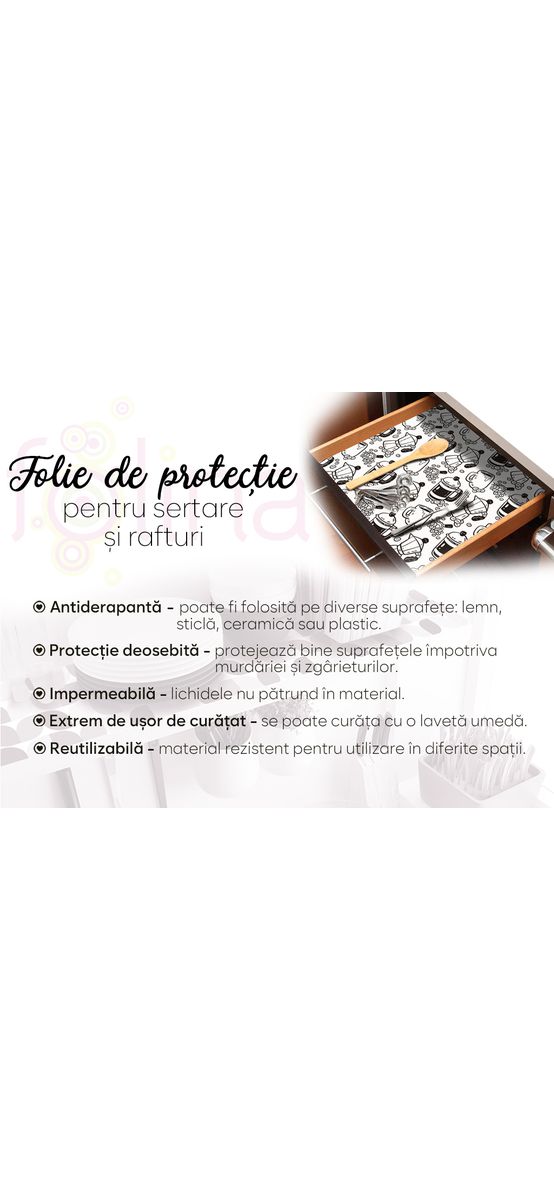 Folie protecţie sertare, model cafea arabica, din PVC antiderapant cu grosime de 1,5 mm, material impermeabil, rolă de 50x155 cm