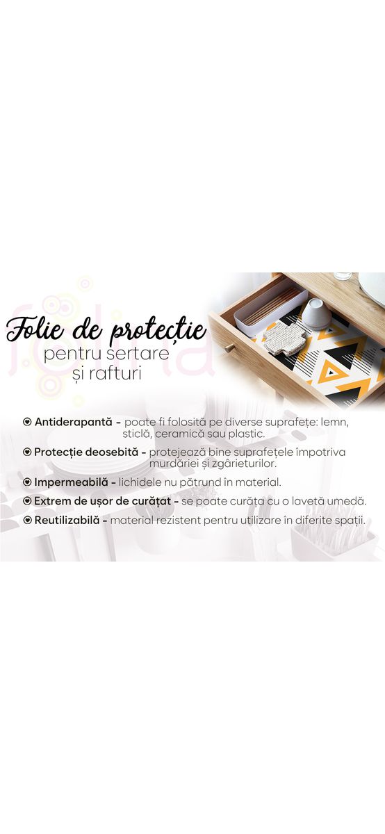 Folie protecţie sertare, model geometric, din PVC antiderapant cu grosime de 1,5 mm, material impermeabil, rolă de 50x155 cm