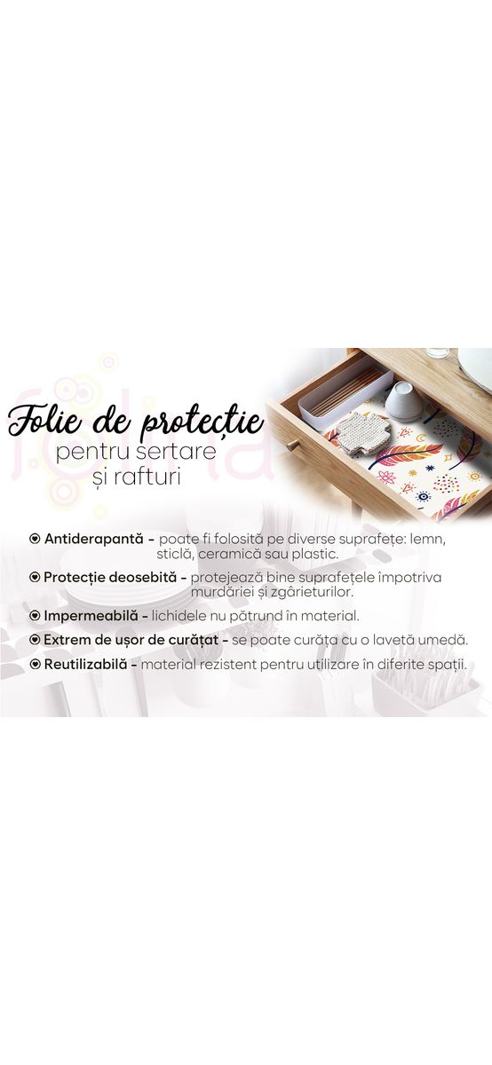 Folie protecţie sertare, model pene boho, din PVC antiderapant cu grosime de 1,5 mm, material impermeabil, rolă de 50x155 cm