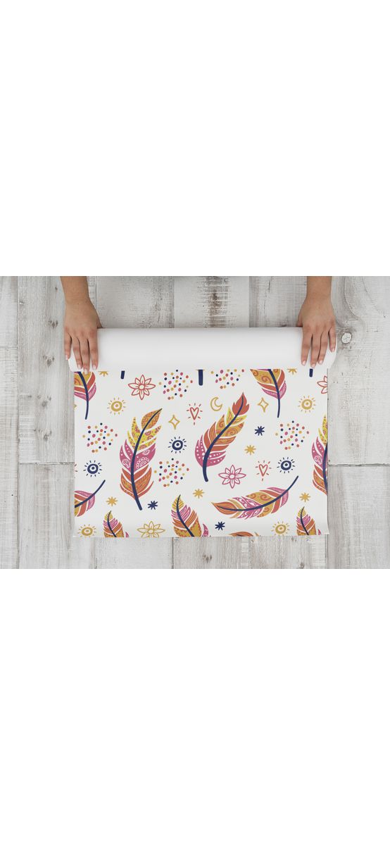 Folie protecţie sertare, model pene boho, din PVC antiderapant cu grosime de 1,5 mm, material impermeabil, rolă de 50x155 cm