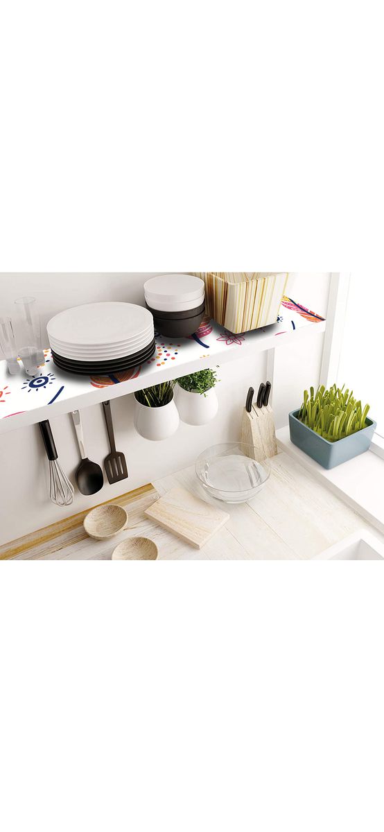 Folie protecţie sertare, model pene boho, din PVC antiderapant cu grosime de 1,5 mm, material impermeabil, rolă de 50x155 cm