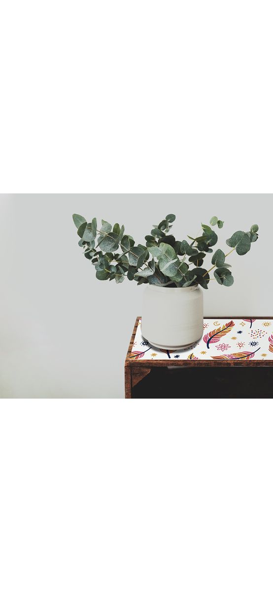 Folie protecţie sertare, model pene boho, din PVC antiderapant cu grosime de 1,5 mm, material impermeabil, rolă de 50x155 cm