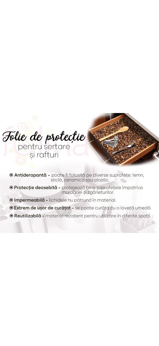 Folie protecţie sertare, model boabe de cafea, din PVC antiderapant cu grosime de 1,5 mm, material impermeabil, rolă de 50x155 cm
