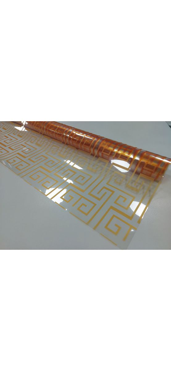 Folie geam autoadezivă Orange Maze, transparentă cu model geometric portocaliu, 122 cm lăţime