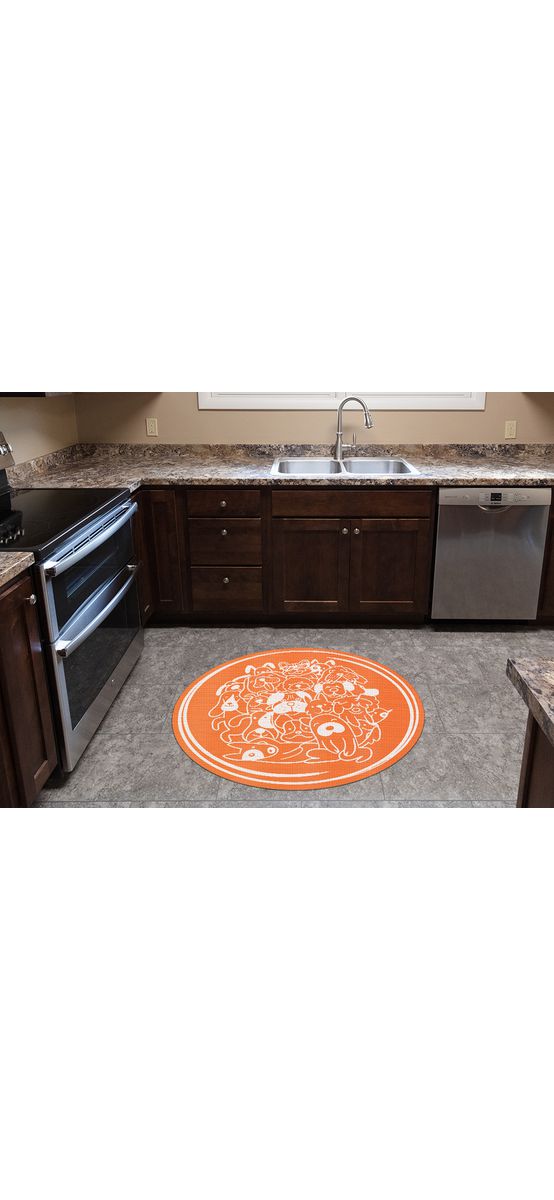 Covor antiderapant pentru animale de companie, model cățeluși oranj, linoleum antiderapant, rotund