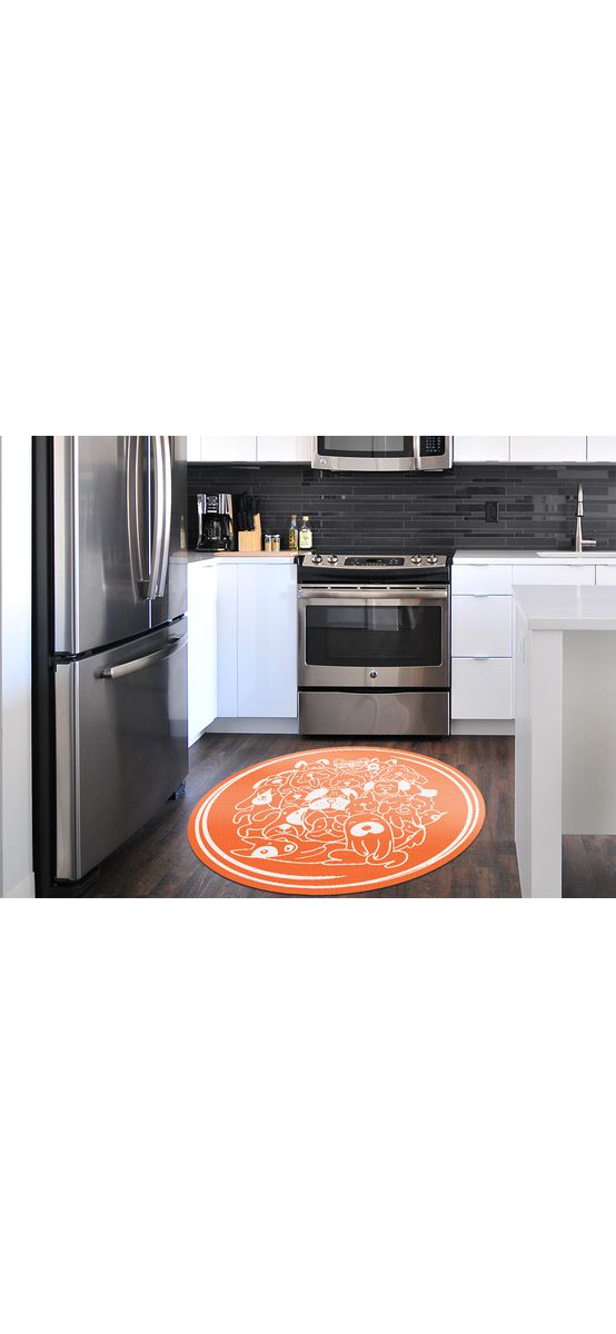 Covor antiderapant pentru animale de companie, model cățeluși oranj, linoleum antiderapant, rotund