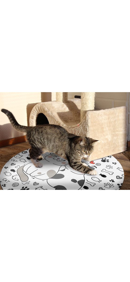 Covor antiderapant pentru animale de companie, model alb cu pisici, linoleum antiderapant, rotund