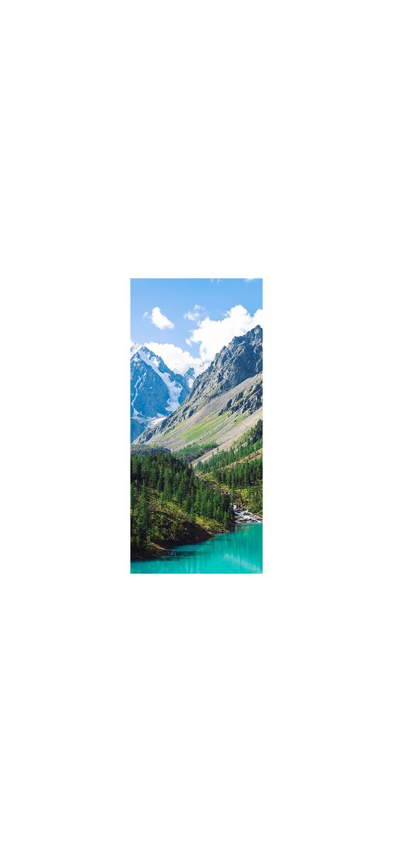 Autocolant uşă Munte cu lac turcoaz, Folina, model multicolor, dimensiune autocolant 92x205 cm
