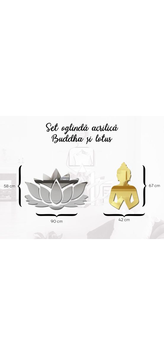 Set oglindă Buddha și lotus, aurie și argintie, 90x120 cm