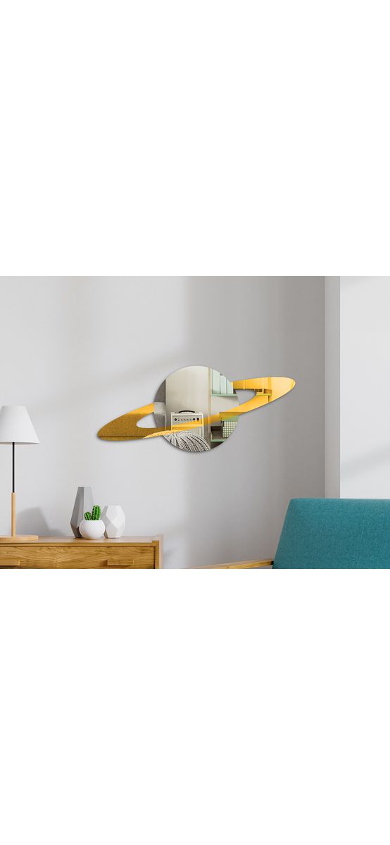 Decoraţiune perete din oglindă acrilică Saturn, dimensiuni de 75x32 cm