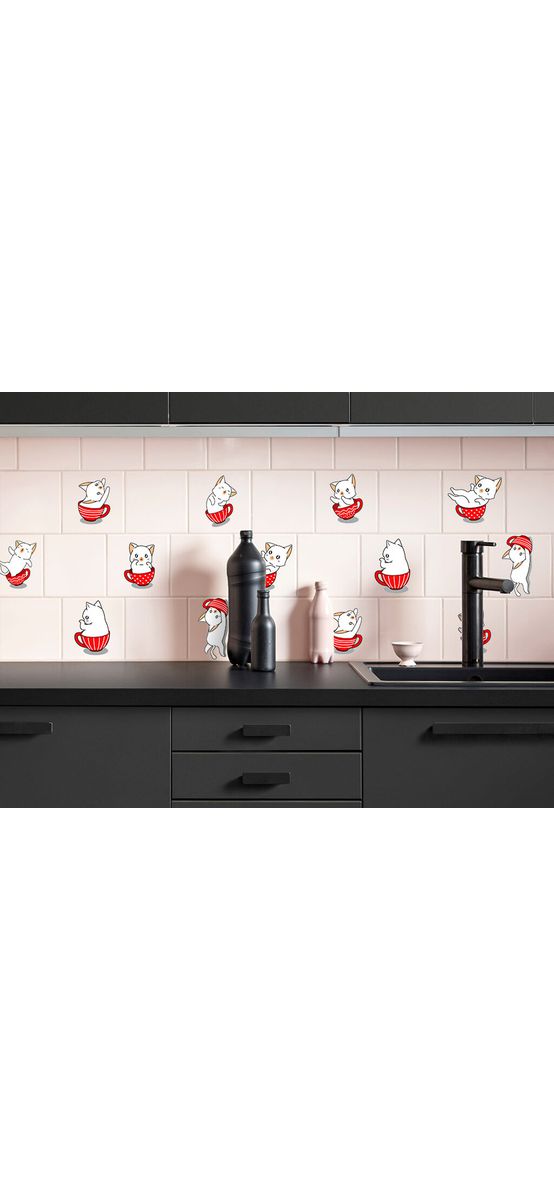 Set 16 stickere faianţă bucătărie, Folina, model pisicuţe, roşii