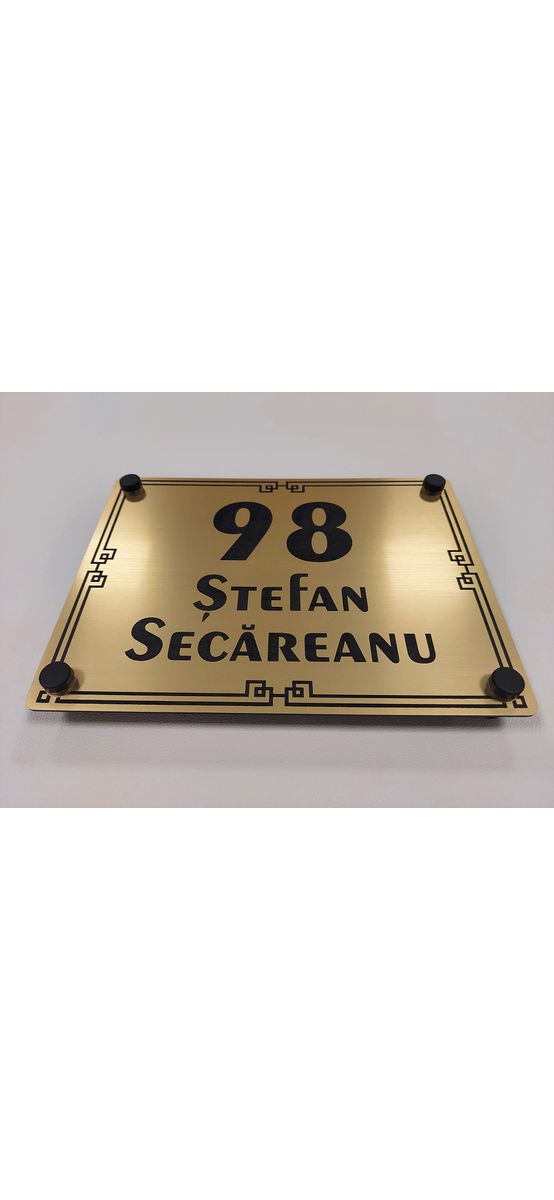 Plăcuţă cu număr și adresă casă, model oriental, din bond auriu, cu text personalizat
