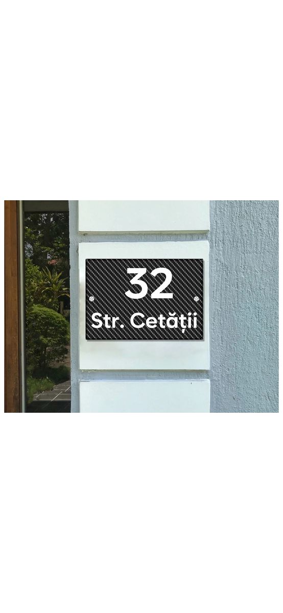 Placuță adresă sau logo model carbon 3D, pe suport de plexiglass cu text personalizat din vinil