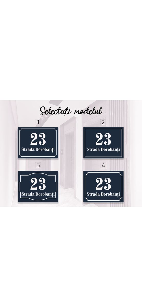 Plăcuță adresă model clasic, din bond sau acril cu 8 variante de culori, cu text personalizat