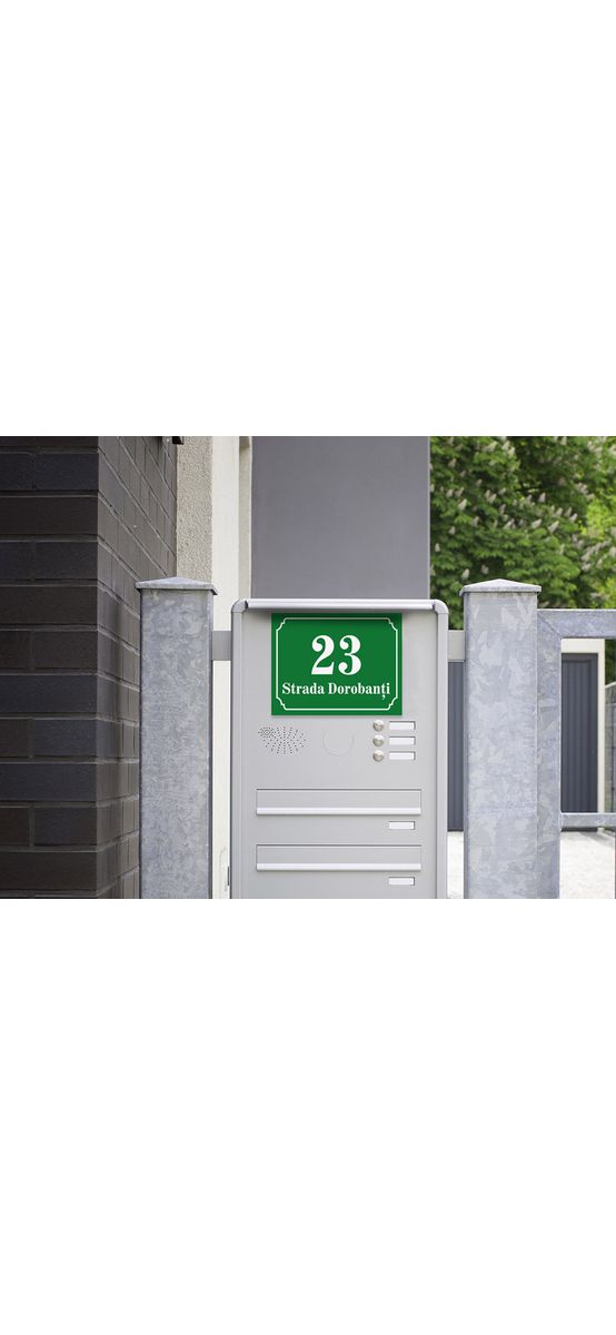 Plăcuță adresă model clasic, din bond sau acril cu 8 variante de culori, cu text personalizat