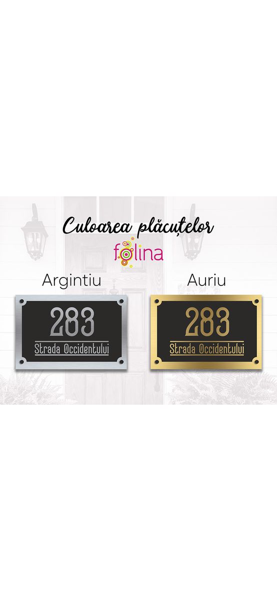 Plăcuţă adresă model contemporan, din bond argintiu sau auriu, cu text personalizat